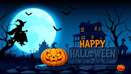 Fototapeta premium Spooky halloween night with witch flying past haunted house and pumpkin