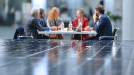Diverse group of people sitting at a table engaged in a digital meeting under solar panels signifying sustainable collaboration