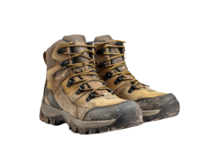 Rugged tan leather hiking boots with yellow laces and muddy soles footwear