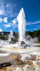 Powerful geyser erupts dramatically against a vibrant blue sky.