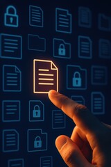 Digital File Security Concept with Finger Touching Secure Document on Screen Background