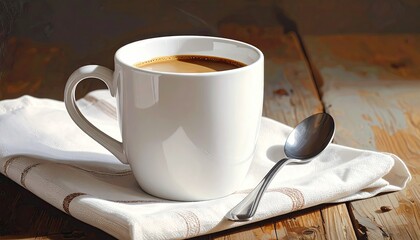 A white ceramic coffee mug, full of rich coffee, sits on a rustic wooden table, adorned with a linen napkin, showcasing a warm and inviting scene.
