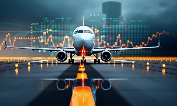 Airplane with stock market chart and candlestick graph background, symbolizing travel economy, finance and aviation business. Great for financial news, trade reports, 4k high resolution video clip