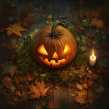 halloween pumpkin with leaves