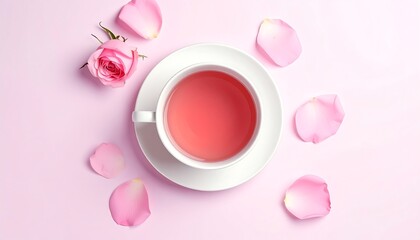 Elegant rose tea composition with pink floral elements on pastel background