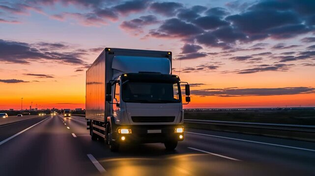 White Delivery Truck on Highway at Sunset - A white delivery truck drives on a highway at dusk. The colorful sunset sky provides a dramatic backdrop to the scene, with other vehicles visible in the