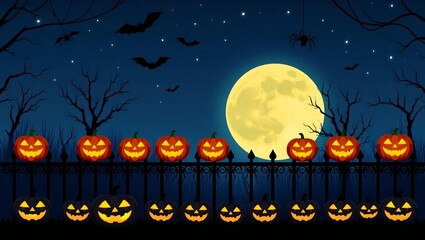 Fototapeta premium Spooky halloween night with glowing jack o lanterns and full moon
