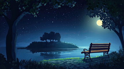 Obraz premium An illustration of a bench with a view of the sea and an island at night