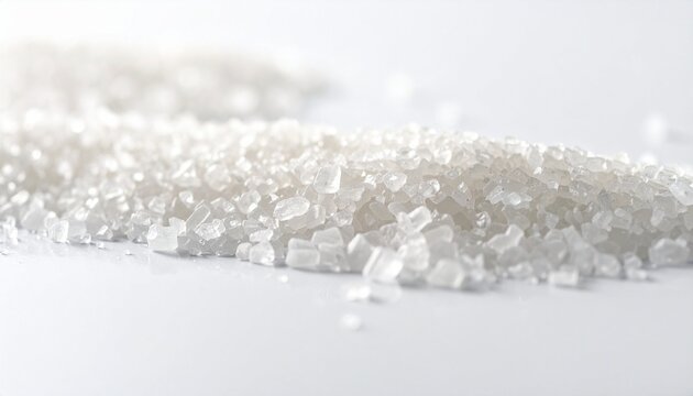 Close-up macro shot of coarse sea salt crystals sparkling on a clean white surface, highlighting texture and purity