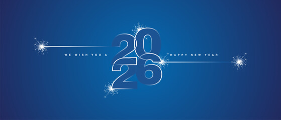 Happy New Year 2026 eve loading line design art numbers logo with sparkle fireworks white blue vector wallpaper greeting card