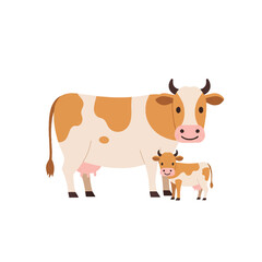 Charming 2D flat vector illustration portrays a gentle mother cow standing protectively next to her young calf, depicting rural farm life on a clean white background.