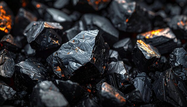 Heap of raw black coal chunks with subtle fiery orange glows, depicting the fundamental elements of fossil fuels, energy sources, and industrial materials