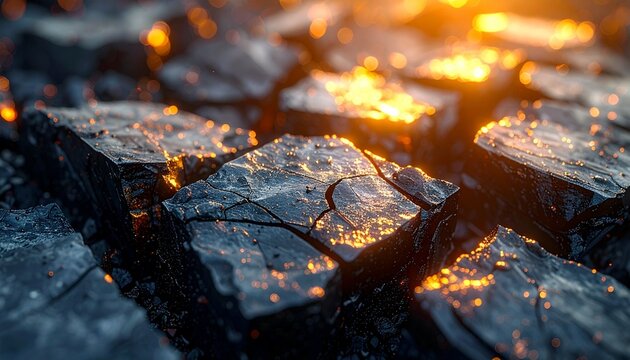 Close-up of glowing coal with fiery highlights and textures, perfect for visual interest and design elements - Powered by Adobe