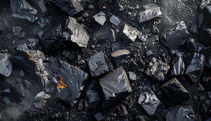 Pile of Dark Coal Chunks with a Slightly Yellow Tint, Viewed from Above
