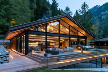 Obraz premium Modern chalet illuminating the Dolomites at dusk with warm lights