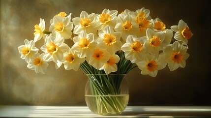 Bunch of Narcissus flowers in varying shades of cream and yellow arranged in a clear vase positioned on a white table with sunlight filtering through casting delicate shadows and warmth