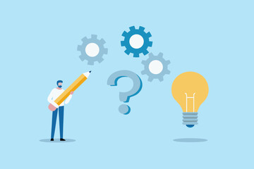 Man with pencil and question mark interacting with gears and light bulb representing idea generation