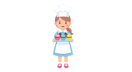 Fototapeta premium Cheerful Baker Girl Holding Tray of Delicious Cupcakes.