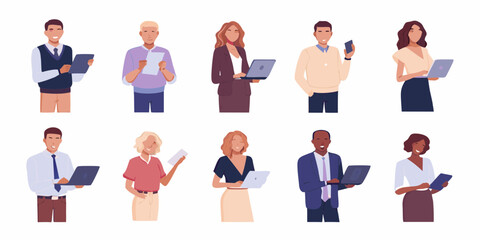 Diverse group of professionals holding laptops and mobile devices in a modern flat illustration style