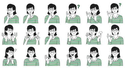 A collection of expressive illustrations depicting a young woman with glasses displaying various hand gestures and facial expressions.