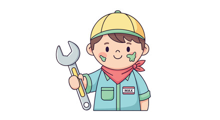 Cartoon Mechanic Holding a Large Wrench.