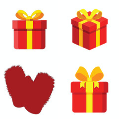 Four festive red gift boxes with yellow ribbons and a red heart shape on a white background