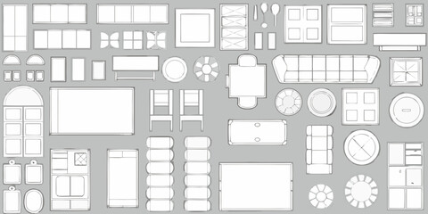 Top down view of various furniture and architectural elements in a hand drawn sketch style © Dibyendu