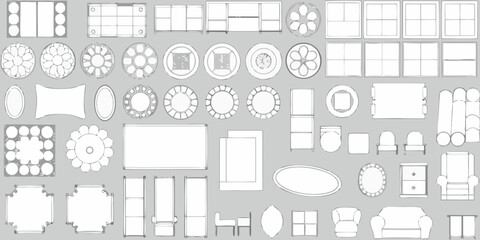 Collection of hand drawn furniture and architectural elements viewed from above in a top down perspective