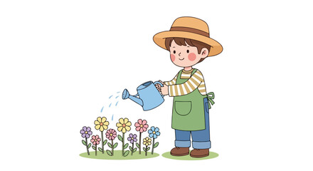 Young Gardener Watering Colorful Flowers.