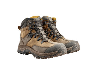Muddy brown and grey leather hiking boots with yellow accents footwear