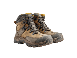 Muddy brown and grey leather hiking boots with yellow accents footwear