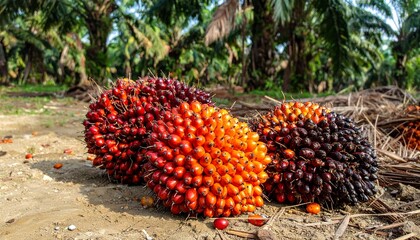 Freshly harvested ripe palm oil fruit bunches on the soil of a sunny tropical plantation