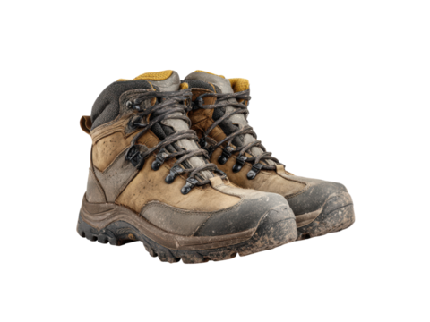 Muddy brown and grey leather hiking boots with yellow accents footwear