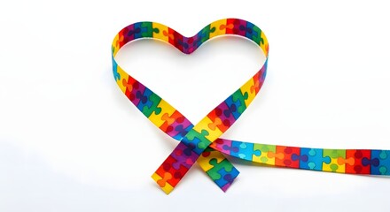 A multicolored ribbon, patterned with puzzle pieces, forms a heart shape against a white background.