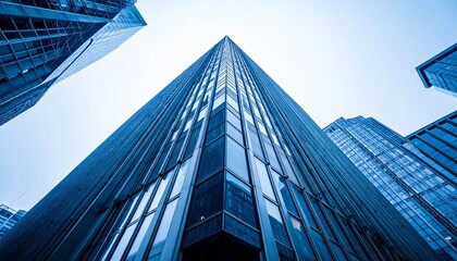 A dramatic, sharp low-angle shot of a modern skyscraper's glass facade, with straight lines reaching endlessly into the sky.