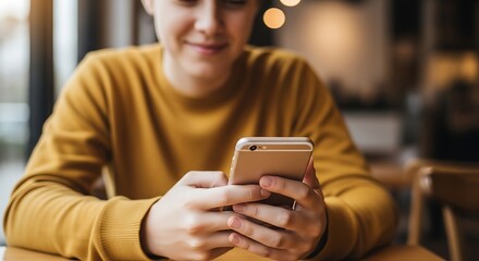 Person using a smartphone in a cafe.