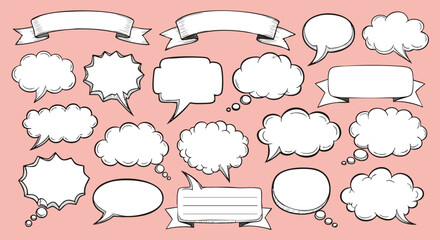 Collection of hand-drawn speech bubbles and banners for communication design. © Avoxel
