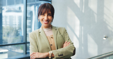 Portrait, happy or mature woman at law firm for client support, legal advice or justice. Court...