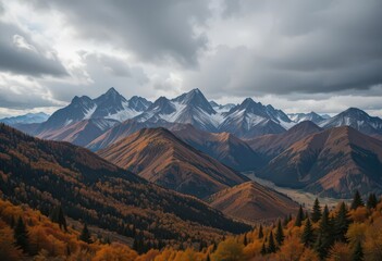 Autumnal Peaks  Panoramic View of Mountains Adorned with Fall Foliage, Beneath a Striking and Dramatic Cloudy Sky.