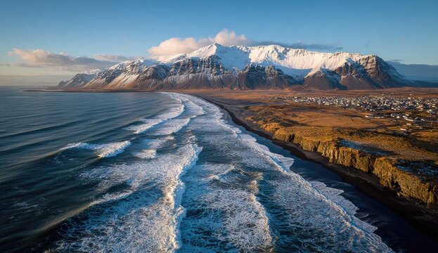 Aerial view of a snow-capped mountain range, crashing waves on a black sand beach, and a coastal town