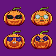 Halloween Pumpkin Pixel Art Set Bundle with Funny Sunglasses Emoji