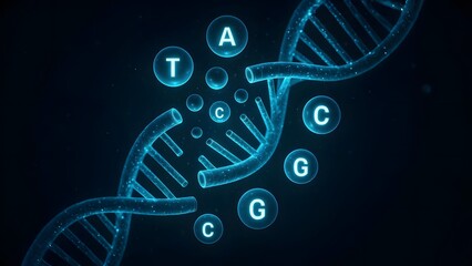 Exploded 3D DNA Strand with Labeled A, T, C, G Molecules as Glowing Spheres