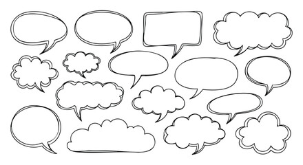 Collection of hand-drawn speech bubbles, various shapes and sizes, blank for text.