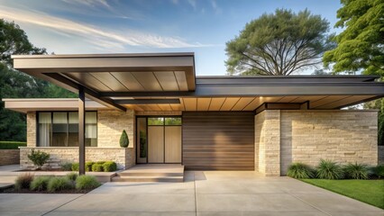 Obraz premium Modern architectural design showcasing a contemporary home with sleek lines, expansive windows, stone facade, and a dramatic entryway canopy.