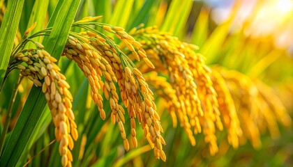 Golden rice stalks shimmering in the warm sunlight, representing a bountiful harvest and the agricultural richness of the land