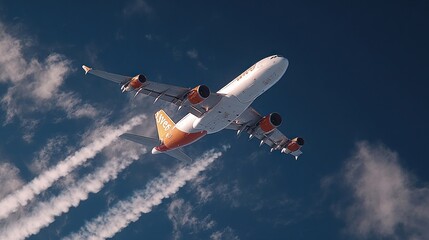 An airplane flying high in the clear sky