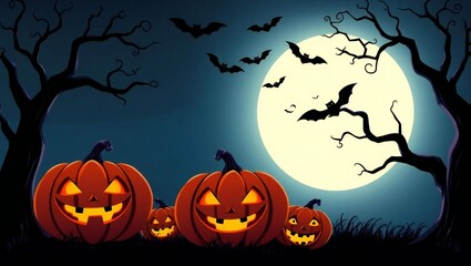 Spooky halloween night with glowing jack o lanterns and bats under a full moon