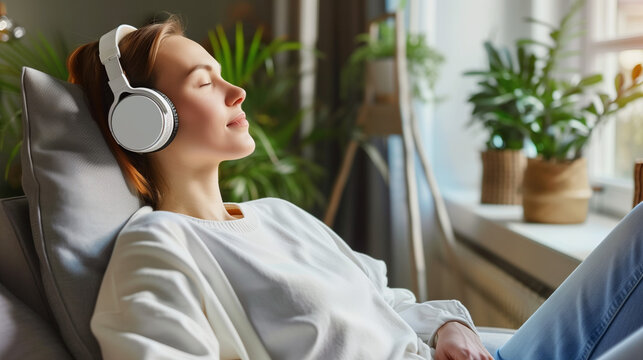 Side view young calm woman wear casual clothes listen music in headphones close eyes sit on armchair stay at home hotel flat rest relax spend free spare time in grey living room indoor. Lounge concept