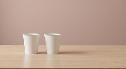 Two White Paper Cups on Light Wooden Table Against Neutral Backdrop