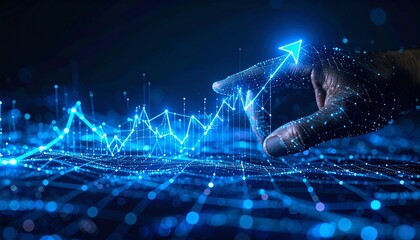 Financial growth concept futuristic digital hand with glowing upward arrows symbolizing investment success and economic progress. Blue technology background for business and fintech concepts